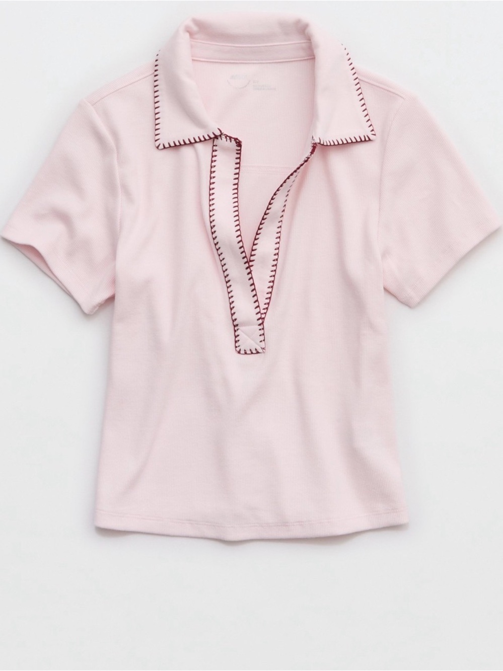 aerie Light Pink Short-Sleeve Polo with Dark Contrast Stitching